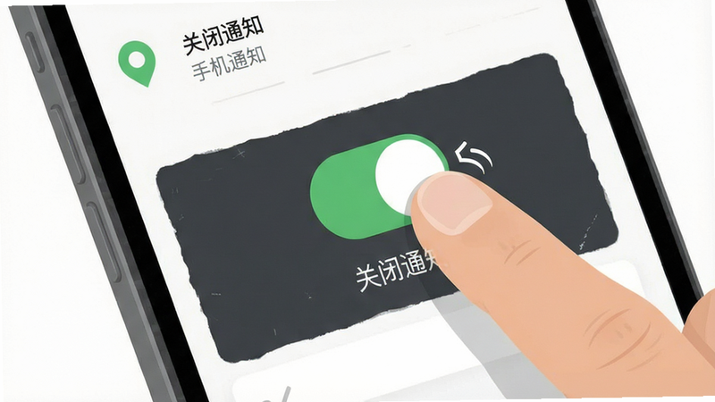 主体为手机通知设置界面,显示关闭通知开关的动作,布局聚焦于开关按钮,排版简洁,风格为扁平化设计,细节展示手指点击开关的动作示意,画质高清,干净无背景干扰,文字显示