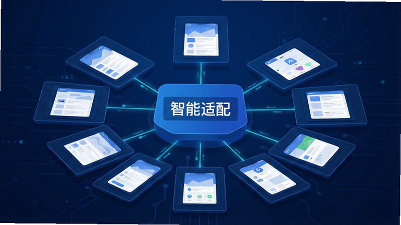 主体为抽象化的UI层级结构图,背景为深蓝色科技感,主体包含多个嵌套的矩形框代表不同APP界面,文字标注“智能适配”,布局呈放射状,排版严谨,风格为扁平化矢量插画,细节处有光线连接线条,画质高清,干净,无多余元素,alt属性:字体小字号适配助手智能适配预览图