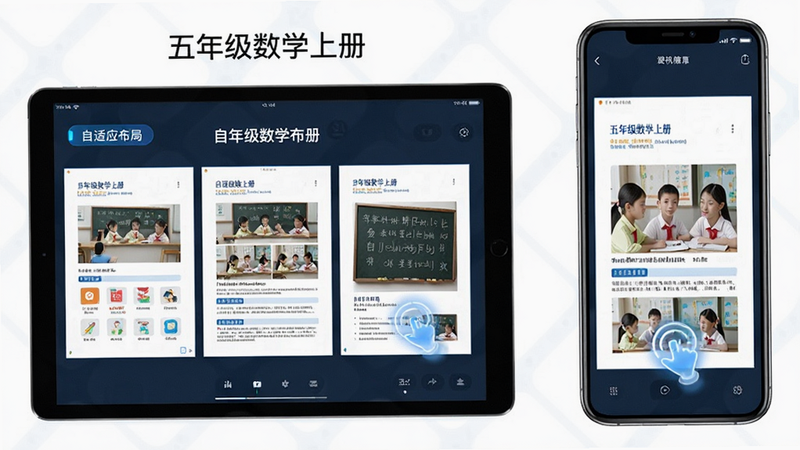 对比图展示“五年级数学上册”在平板和手机上的两种显示效果,左侧为平板横屏显示多页内容,右侧为手机竖屏显示单页放大内容,布局对称平衡,风格现代科技,细节处体现触控反馈效果,画质精细,无冗余元素,文字标注
