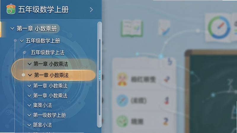 展示“五年级数学上册”应用的侧边栏导航界面,主体为展开的目录树状结构,高亮显示当前选中章节,布局左右分栏,风格简约科技感,细节处体现平滑的滑动动画效果暗示,画质清晰,整洁有序,文字标签