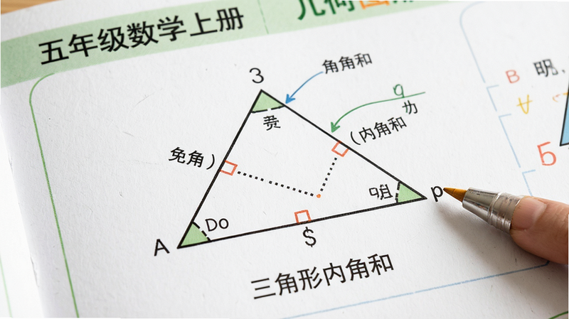 特写镜头展示“五年级数学上册”应用中的几何图形页面,主体为一个清晰的三角形角度测量图示,背景为白色纸张质感,布局简洁,风格写实教育风,细节处展现高清线条与标注文字,画质极高,干净无噪点,文字显示
