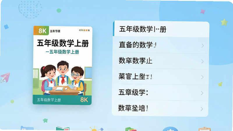 主体为“五年级数学上册”安卓应用的高清界面展示图,布局居中,左侧显示书本封面缩略图,右侧列出章节目录列表,背景为干净的浅蓝色渐变,风格扁平化现代UI,细节处体现高清文字渲染,画质8k,无多余装饰元素,文字清晰可见