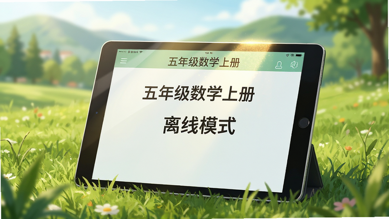 场景化插图,主体为一台平板电脑放置在户外草坪上,屏幕显示“五年级数学上册”的阅读界面,背景是模糊的自然风景,布局自然和谐,风格清新生活化,细节处体现阳光洒在屏幕上的质感,画质逼真,无多余杂物,文字显示