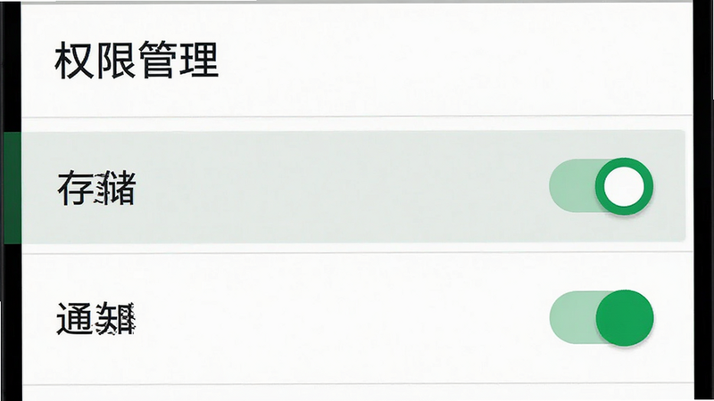 设置界面示意图,主体为安卓手机的应用权限设置页面,高亮显示“存储”和“通知”权限开关,布局清晰直观,风格系统原生风,细节处体现绿色开启状态图标,画质清晰,无杂乱元素,文字显示