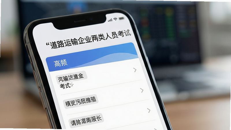 特写“道路运输企业两类人员考试”App中的“高频考点”模块,手机屏幕显示列表,背景模糊处理,主体清晰,排版整齐,字体清晰可读,风格专业严谨,细节精致,画质超清,干净