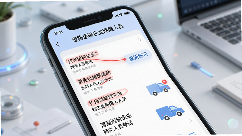 展示“道路运输企业两类人员考试”App的错题本功能界面,手机屏幕显示红色标记的错题列表,旁边有“重新练习”按钮,布局简洁,配色柔和,风格现代科技感,细节清晰,画质高清,无干扰元素