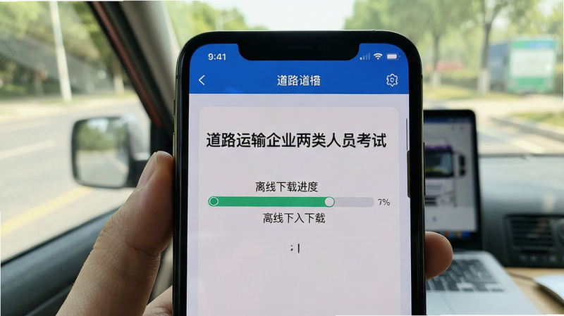手机屏幕显示“道路运输企业两类人员考试”App的离线下载进度条,背景为户外场景暗示移动办公,主体突出屏幕内容,布局平衡,风格实用主义,细节真实,画质清晰,干净