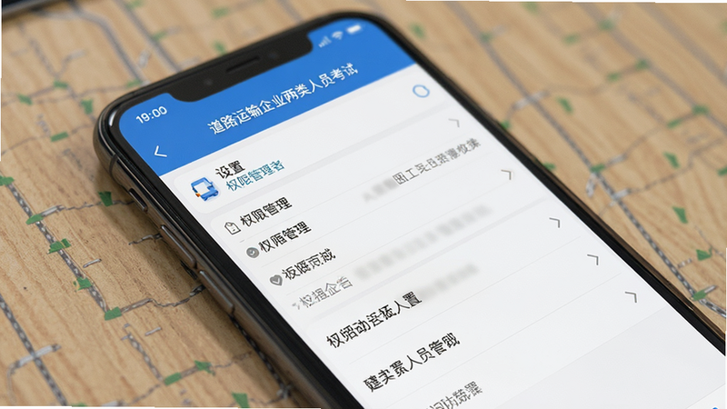 展示“道路运输企业两类人员考试”App的设置界面,手机屏幕显示权限管理列表,主体清晰,布局规整,风格简洁,细节明确,画质高清,干净无杂项
