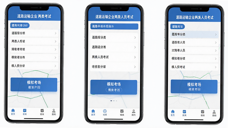 展示“道路运输企业两类人员考试”App的界面全貌,主体为手机屏幕,布局清晰,顶部显示应用名称,中间是题库分类列表和模拟考场入口,底部是导航栏,风格简约商务蓝,细节丰富,画质高清,干净无多余元素
