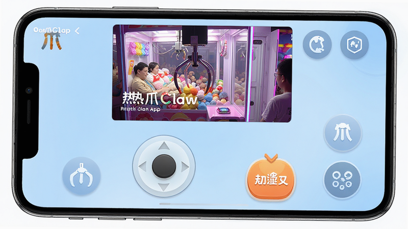 主体为热爪Claw App的手机界面截图,布局清晰,顶部显示实时娃娃机视频窗口,底部为虚拟摇杆和抓取按钮,背景为柔和的浅蓝色渐变,风格现代简约,细节处包含清晰的UI图标,画质高清,干净,无多余元素,文字包含