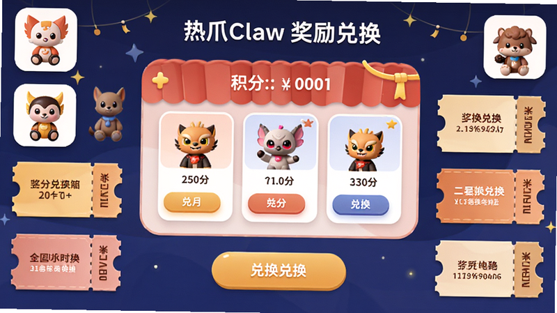 主体为热爪Claw App的奖励中心界面,布局中心为积分兑换商店,周围环绕着各种玩偶图标和优惠券样式,排版对称平衡,风格喜庆且现代,细节展示积分数字和兑换按钮,画质清晰,干净,无多余元素,文字包含