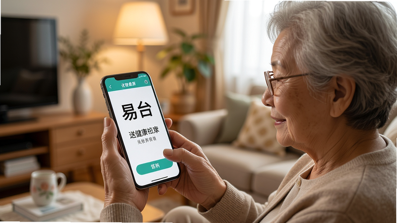 老年用户手持手机使用送健康APP的场景,界面字体放大,操作简洁,背景温馨家庭环境,光线柔和,体现易用性与亲和力,高清写实,无多余装饰