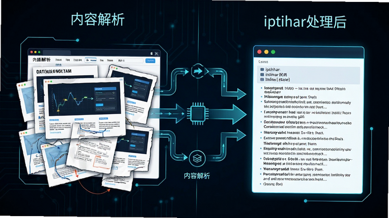 主体为数据流解析示意图,布局为左右对比结构,左侧为杂乱网页,右侧为iptihar处理后整洁文本,排版清晰,风格为科技感线条图,细节展示数据流箭头,画质高清,干净,无背景干扰,文字内容