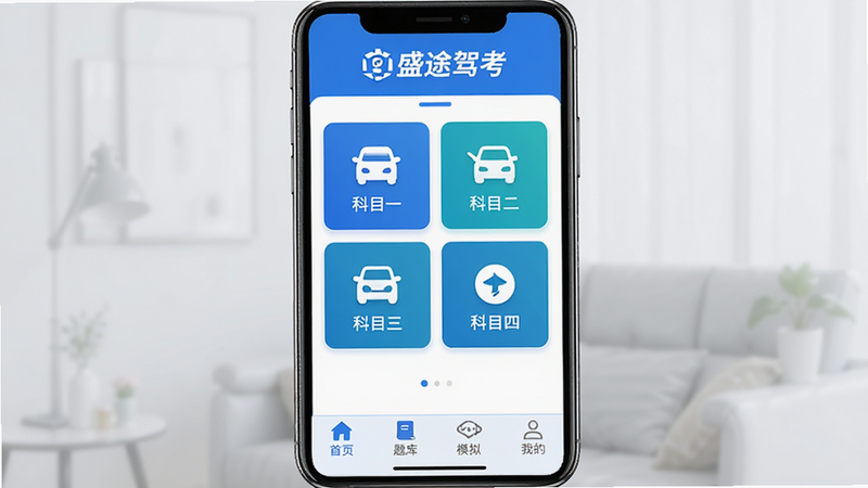 盛途驾考APP首页界面预览,主体为手机屏幕,布局清晰,顶部显示“盛途驾考”Logo,中间展示科目一、科目二、科目三、科目四四个模块图标,底部导航栏包含“首页”、“题库”、“模拟”、“我的”,风格简洁现代,蓝色主色调,细节丰富,高清画质,干净无多余元素