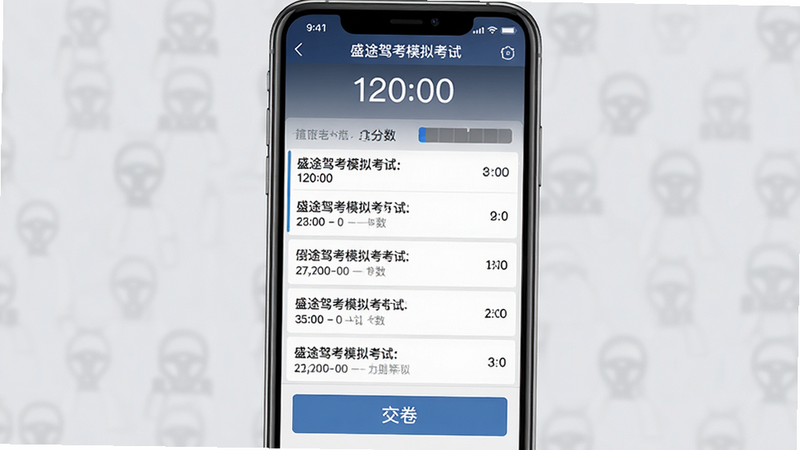 盛途驾考模拟考试界面,手机屏幕显示倒计时“120:00”,题目列表清晰,底部有“交卷”按钮,背景为浅灰色,风格严肃专业,细节显示分数条,高清画质,干净