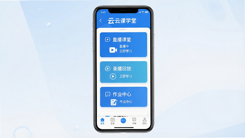 ����Ϊ�ƿ�ѧ��APP���ƶ��˽����ͼ�����ֲ��ñ�ƽ����ƣ�������ʾ���ƿ�ѧ�á�Logo���м�����չʾ��ֱ�����á�����¼���طš�������ҵ���ġ��������Ĺ��ܿ�Ƭ���ײ�Ϊ��������������¼�Լ��ɫ���ԿƼ����Ͱ�ɫΪ����ϸ�ڴ����ָ��廭�ʣ��޶���װ��Ԫ�أ��ɾ����䣬4K�ֱ��ʣ�UI���רҵ�����������ɼ�