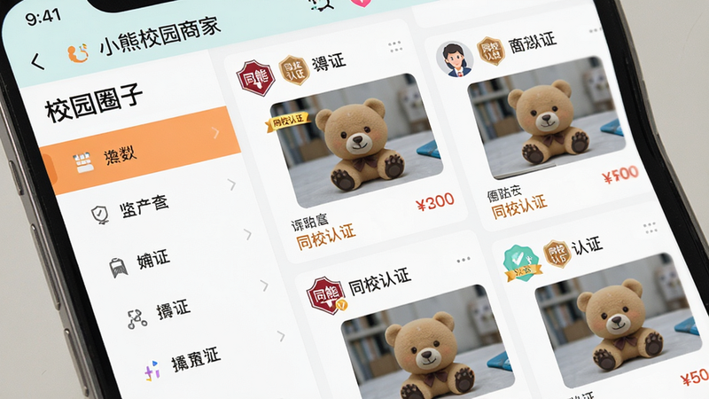 主体为手机屏幕特写,显示“小熊校园商家”APP内的“校园圈子”页面,界面左侧为分类列表,右侧为信息流,每条信息包含用户头像、学校标识、物品图片及价格,布局为双列瀑布流,风格为扁平化UI,色彩明亮,细节展示“同校认证”徽章,画质清晰,无杂乱背景