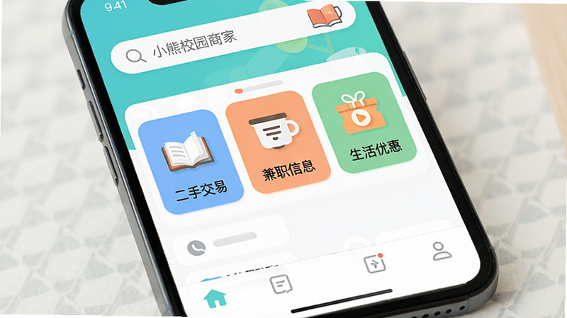 主体为一部智能手机,屏幕显示“小熊校园商家”APP首页界面,布局清晰,顶部为搜索栏,中部展示“二手交易”、“兼职信息”、“生活优惠”三个核心功能入口,底部为导航栏,风格为现代简约扁平化设计,色调清新活泼,细节处体现校园元素如书本、咖啡杯图标,画质高清,干净无多余元素