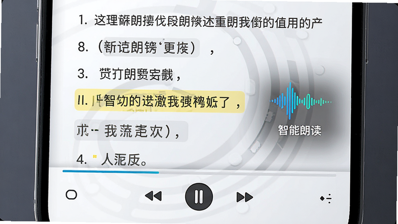 主体为手机界面,底部显示音频播放控制条,中间是课文文本,高亮显示当前朗读句子,旁边有一个动态声波图标,文字标注