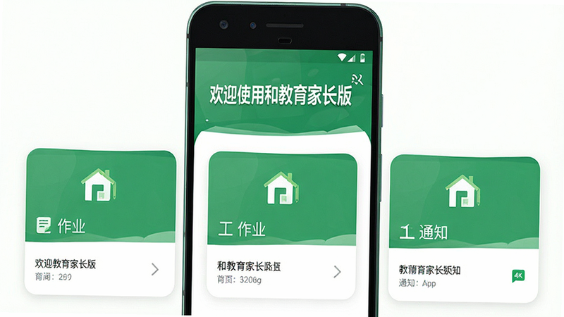 主体为‘和教育家长版’App的安卓手机界面预览图,布局清晰展示首页、作业、通知三大核心模块,排版采用扁平化设计,风格现代简约,细节处体现绿色主色调与白色卡片式背景,文字包含‘欢迎使用和教育家长版’,画质高清,干净无多余元素,无水印,4k分辨率