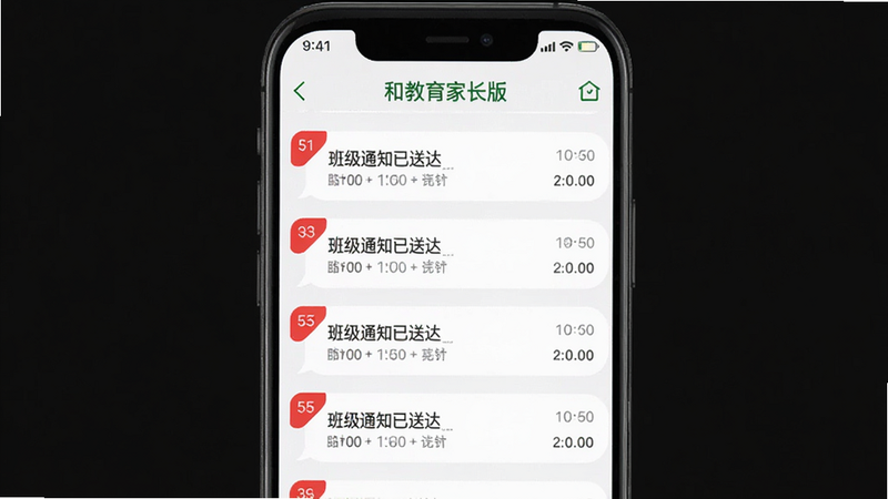 主体为‘和教育家长版’的消息列表界面,布局呈现多条未读消息气泡,排版整齐,风格简洁明了,细节显示红色未读角标与时间戳,文字包含‘班级通知已送达’,画质清晰,干净背景,无干扰元素,高分辨率