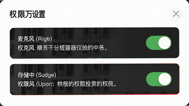 展示“乐器万能模拟器”权限设置界面,布局清晰,高亮显示麦克风与存储权限开关,风格简洁,细节展示权限说明文字,画质高,干净,无多余元素,文字标注“权限设置”