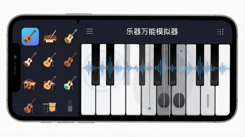 主体为“乐器万能模拟器”手机应用界面,布局清晰,左侧显示多种乐器图标列表,右侧为交互式键盘或拨弦区域,排版简洁现代,风格为扁平化UI设计,细节处体现声波波纹效果,画质高清,干净,无多余元素,文字标注“乐器万能模拟器”