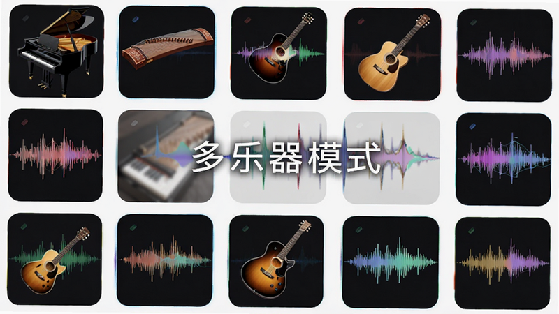 展示“乐器万能模拟器”内多种乐器图标排列,包括钢琴、古筝、吉他等,布局呈网格状,风格科技感与艺术感结合,细节展示每种乐器的独特音色波形,画质清晰,干净,无多余元素,文字标注“多乐器模式”
