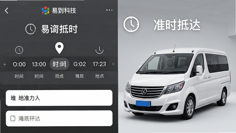 主体为易到科技APP的预约界面截图与一辆白色商务车并置,布局左右分栏,左侧展示时间选择器与地点输入框,右侧展示车辆外观;排版平衡,风格现代简约;细节处体现时钟图标与定位针,象征精准与准时;画质清晰,干净无杂乱背景,文字显示为