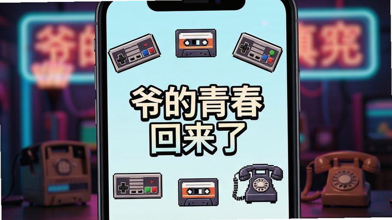主体为智能手机屏幕特写,背景虚化展示复古霓虹灯效,屏幕中央显示软件名称“爷的青春回来了”,周围环绕着像素风游戏手柄、磁带和老式电话机图标,布局居中对称,排版清晰,风格为赛博朋克与复古怀旧结合,细节丰富,画质高清,干净,无多余元素