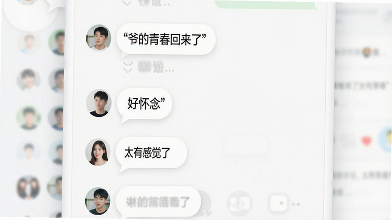 主体为社区界面截图,显示多个用户头像和评论气泡,气泡中文字包括“爷的青春回来了”、“好怀念”、“太有感觉了”,布局为瀑布流,排版自然,风格为现代简约,细节清晰,画质高清,干净,无多余元素
