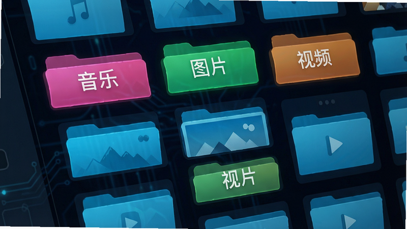 主体为文件夹管理界面,显示多个分类标签如“音乐”、“图片”、“视频”,标签颜色各异,布局为网格状,排版规整,风格为科技感,细节清晰,画质高清,干净,无多余元素