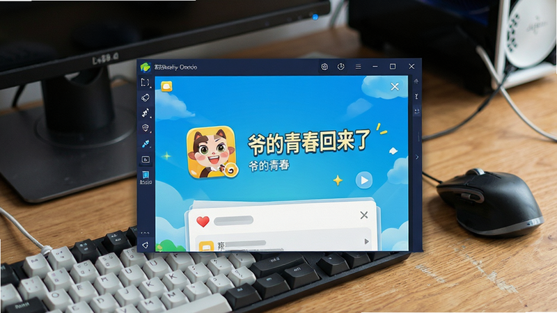 主体为电脑桌面显示安卓模拟器窗口,窗口内显示“爷的青春回来了”应用界面,周围散落着键盘和鼠标,背景为木质桌面,布局合理,排版清晰,风格为写实摄影,细节真实,画质高清,干净,无多余元素