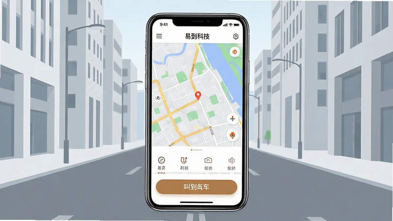 主体为智能手机屏幕展示“易到科技”APP首页界面,背景为简洁的城市街道全景图,布局采用中心对称式,排版清晰,风格为现代扁平化设计,细节包含顶部状态栏、中间大地图区域及底部悬浮叫车按钮,画质高清,干净,无多余元素,文字“易到科技”清晰可见