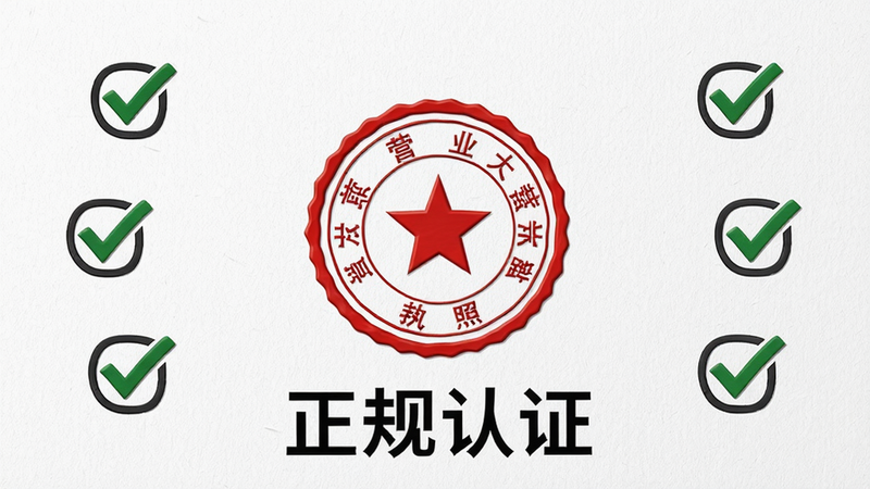 主体为一张带有红色印章的营业执照示意图,周围环绕着对勾图标,背景为白色纸张纹理,布局居中,排版正式,风格为商务公文风,细节包含印章的立体浮雕感,画质高清晰,干净,无多余元素,文字“正规认证”位于底部