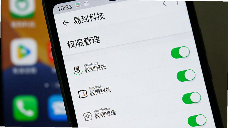 主体为一部安卓手机正在显示“易到科技”的权限设置界面,背景为模糊的手机桌面,布局聚焦于权限列表,排版垂直排列,风格为真实截图模拟风,细节包含权限开关的绿色状态指示,画质清晰,干净,无多余元素,文字“权限管理”清晰可见