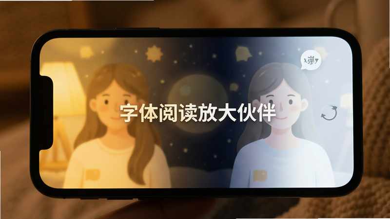 手机屏幕显示护眼模式界面,左侧为暖黄色调,右侧为冷白色调,中间显示“字体阅读放大伙伴”字样,背景为深色护眼背景,风格温馨舒适,无杂乱元素