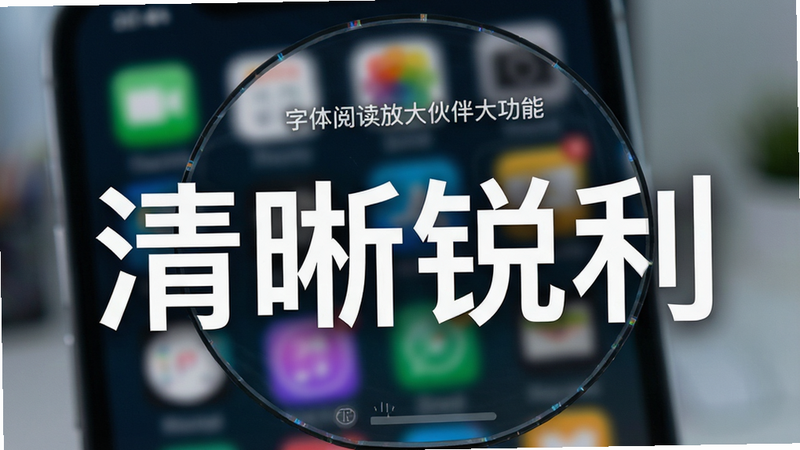 手机屏幕局部放大视图,显示“字体阅读放大伙伴”的放大功能演示,文字“清晰锐利”被显著放大,背景模糊处理,突出文字细节,风格科技感,高清晰度