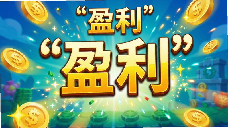 主体为游戏内金币掉落与计数界面,布局动态感强,排版聚焦数字增长,风格欢快,细节展示金币光泽与特效,画质亮丽,干净,无多余元素,文字“盈利”加引号