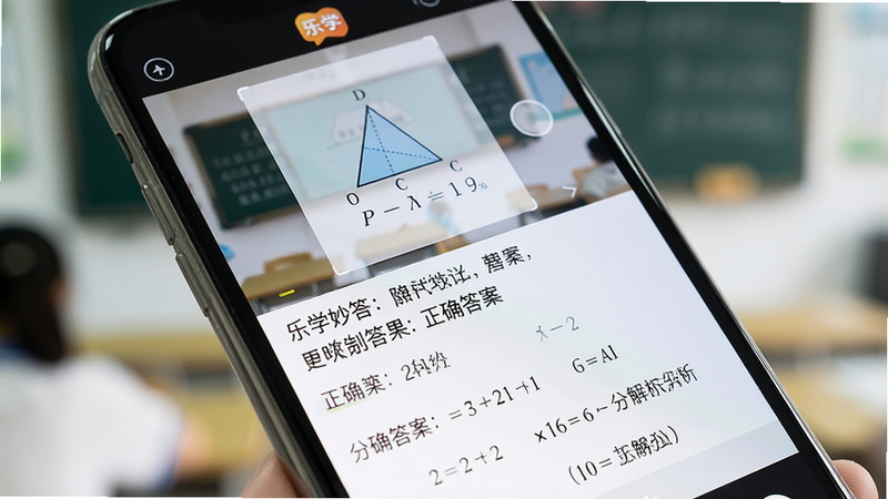 手机屏幕特写,显示“乐学妙答”正在识别一道数学几何题,屏幕上方有相机取景框界面,下方展示识别结果,包含题目原文、正确答案及分步解析过程,背景虚化,突出屏幕内容,光线明亮,细节清晰,写实风格,高分辨率