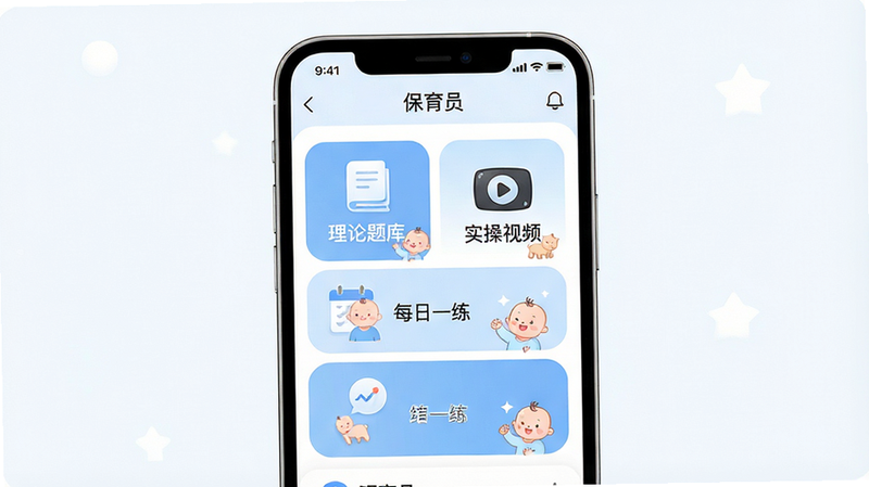 一张展示“保育员”App主界面的高清UI设计图,主体为手机屏幕,显示首页功能入口,包括“理论题库”、“实操视频”、“每日一练”等模块,布局整洁有序,采用清新柔和的蓝色与白色配色风格,细节处有卡通婴儿元素点缀,画质清晰,干净无多余元素,无水印