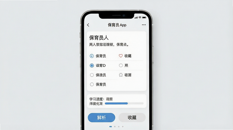 一张展示“保育员”App题库界面的设计图,主体为手机屏幕,显示一道选择题题目及四个选项,下方有“解析”和“收藏”按钮,背景为浅灰色,文字清晰易读,风格简洁现代,细节处有进度条显示学习进度,画质高清,干净,无多余元素