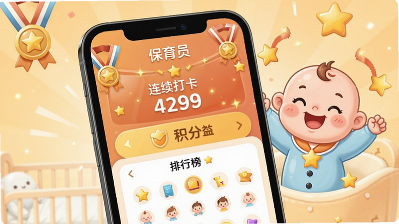 一张展示“保育员”App打卡界面的设计图,主体为手机屏幕,显示连续打卡天数、积分奖励和排行榜,背景为温馨的暖色调,有卡通婴儿形象庆祝,风格活泼可爱,细节处有勋章和星星装饰,画质清晰,干净,无多余元素
