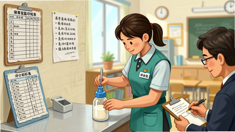 一张展示保育员考试场景的插画,主体为一名穿着制服的保育员在操作台前演示冲调奶粉,旁边有考官打分,背景为明亮的教室,风格写实,细节处有计分表和评分标准,画质清晰,干净,无多余元素