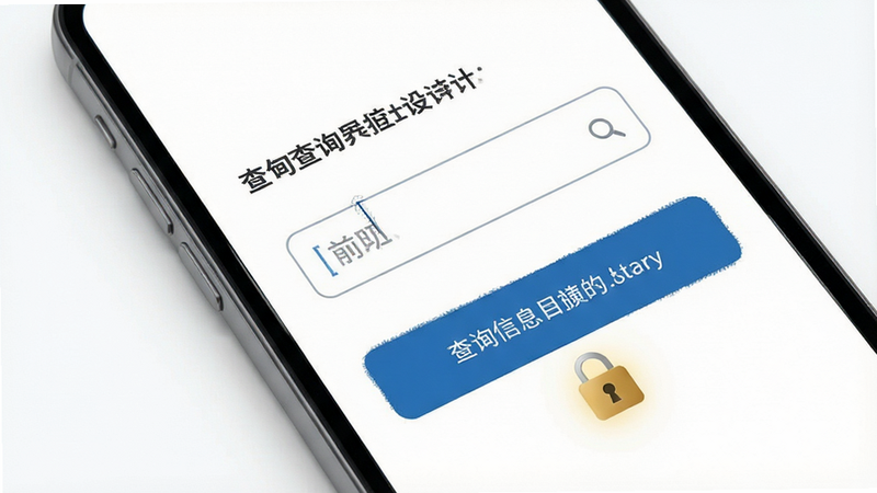 一张展示查询界面的设计图,主体为手机屏幕,显示输入框和查询按钮,背景为简洁的白色,文字清晰,风格正式,细节处有安全锁图标表示信息加密,画质高清,干净,无多余元素