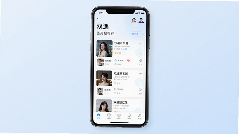 主体为双遇APP手机界面展示,布局为居中手机模型,背景为柔和的淡蓝色渐变,排版简洁,风格为现代极简主义,细节包含首页推荐列表和底部导航栏,画质高清,干净无多余元素,文字显示为