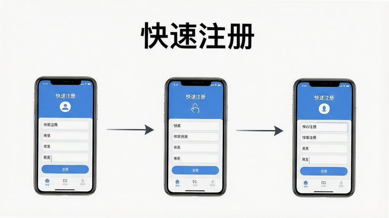 主体为注册流程指引图,布局为步骤图示,背景为白色,排版线性,风格简洁明了,细节显示手机输入界面,画质清晰,干净无干扰,文字标注