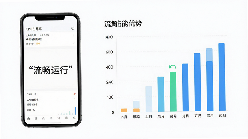 主体为手机性能监控图表,布局为左侧手机右侧数据柱状图,背景为白色,排版整洁,风格商务简约,细节显示CPU占用率极低,画质高清,干净无干扰,文字标注