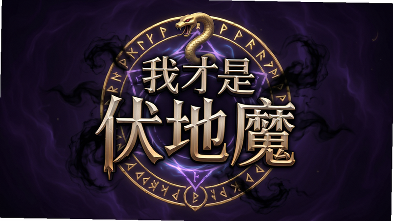 主体为‘我才是伏地魔’游戏标题Logo,悬浮于暗紫色魔法背景之上,周围环绕着金色的蛇形符文与飘散的黑色雾气,布局采用中心对称构图,排版清晰醒目,风格为暗黑奇幻3D渲染,细节处可见魔法阵的微光流动,画质高清8k,干净,无多余元素