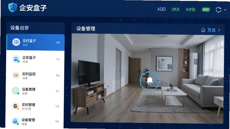 一张现代科技风格的软件界面概念图,主体为'企安盒子'App的首页仪表盘,布局清晰,左侧是设备列表,右侧是实时视频流预览窗口,顶部显示'企安盒子'Logo和状态栏,整体采用深蓝色科技风背景,界面元素扁平化设计,突出'实时监控'与'设备管理'两大核心模块,高清渲染,无多余装饰元素,干净简洁,4k画质